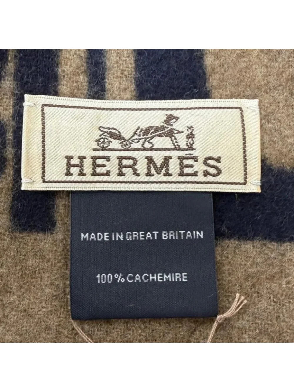 Hermes Brid Gala Cashmere Clou de Selle Embroidery Fringe Scarf Marine Etoupe